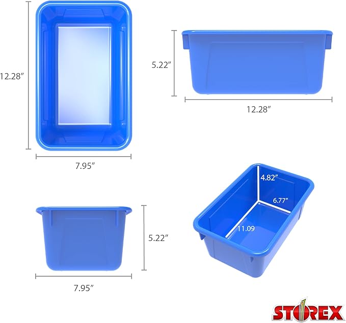 Storex Small Cubby Bins – Plastic Storage Containers for Classroom with Non-Snap Lid, 12.2 x 7.8 x 5.1 inches, Assorted Colors, 5-Pack (62406A05C)
