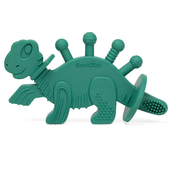 Bambeado Dibly Baby Teething Toy - Made with Natural Rubber & Amber Elements - Easy to Hold, Simple to Clean - Cute Dinosaur Teether Toy - Alternative to Amber Teething Necklace Green