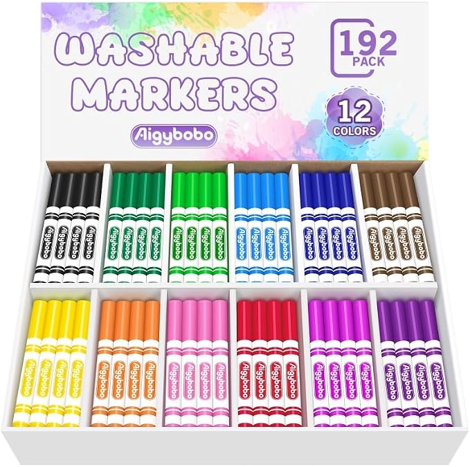 Aigybobo 192 Count Washable Markers Bulk, 12 Assorted Colors, Broad Line Conical Tip Coloring Marker for Kids, Markers Bulk Pack for Classroom, School Art Supplies & Back to School Supplies