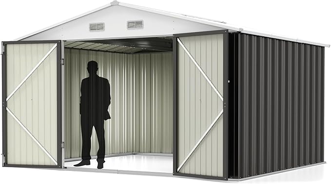Greesum 10x8FT Outdoor Storage Shed, Utility Tool Shed Metal Storage Garden Shed with Door & Lock for Patio Storage, Gray