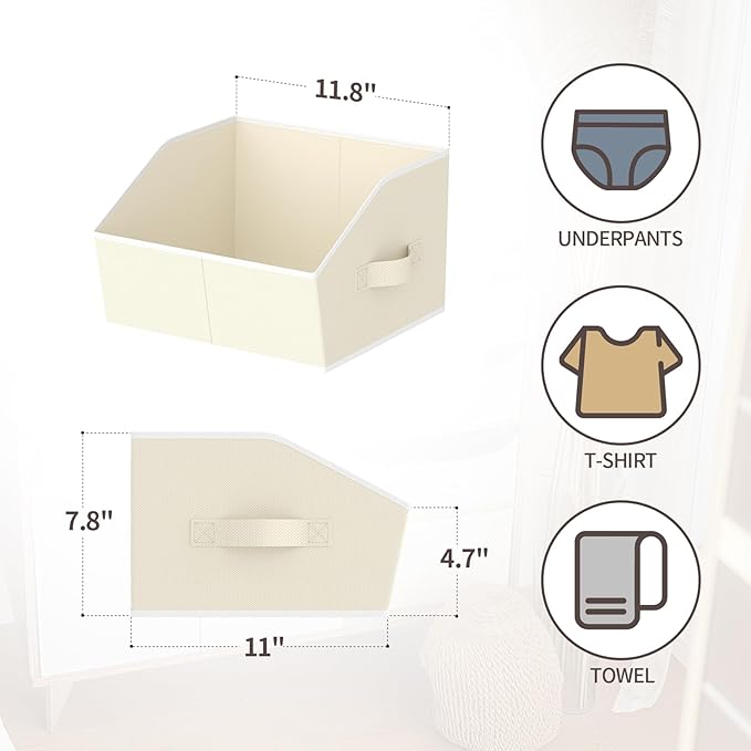 Storage Bins for Shelves - Small Trapezoid Closet Shelf Organizer, Fabric Organization Bins with Handles, Storage Baskets for Clothes, Towel, Purse, 4 Pack, Beige