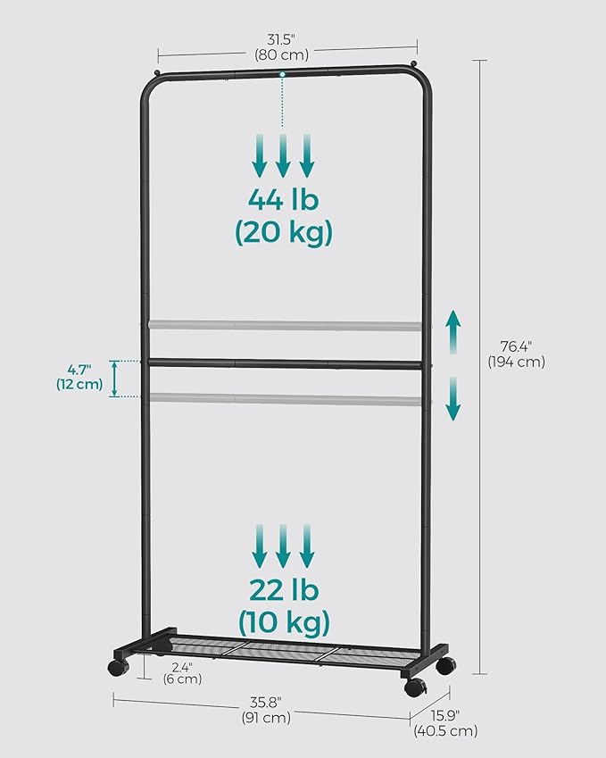 SONGMICS Clothes Rack with Wheels, Double-Rod Clothing Rack for Hanging Clothes, 25.4mm Metal Garment Rack with Dense Mesh Storage Shelf, 110 lb Load Capacity, 2 Brakes, Black UHSR027B01