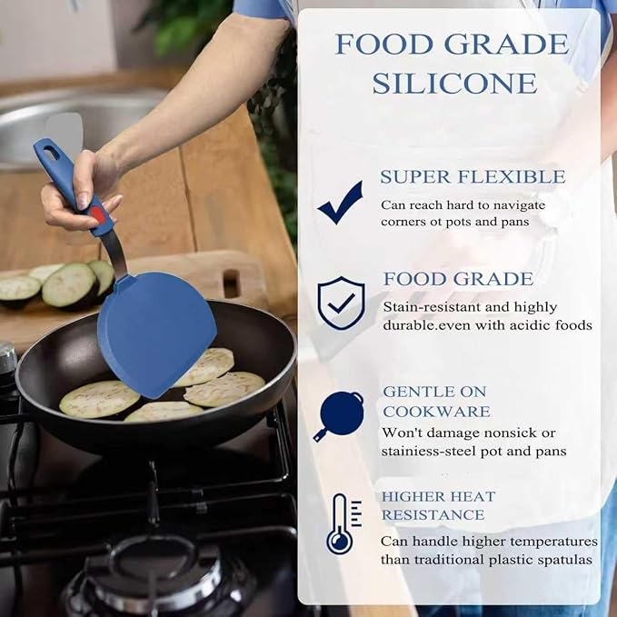 Silicone Spatula, Heat Resistant Kitchen Utensils for Non-Stick Cookware, Wide Slotted Pancake Spatulas Turner with Seamless Thin Edges for Egg, Omelette, Fish Slice (Half-Round Spatula)