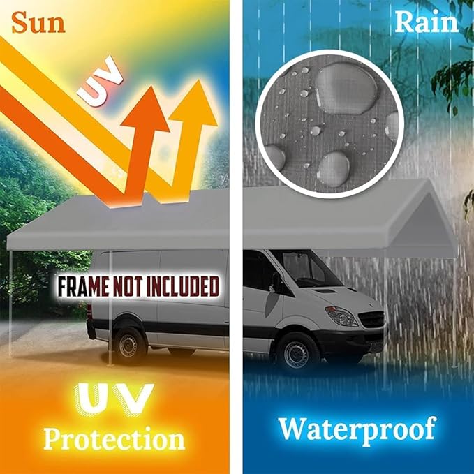 Rutile 10 x 20 FT Carport Replacement Cover, Heavy Duty Car Tarp Canopy Tent Replacement Top w/Ball Bungees Gray (Only Top Cover, Frame is not Included)