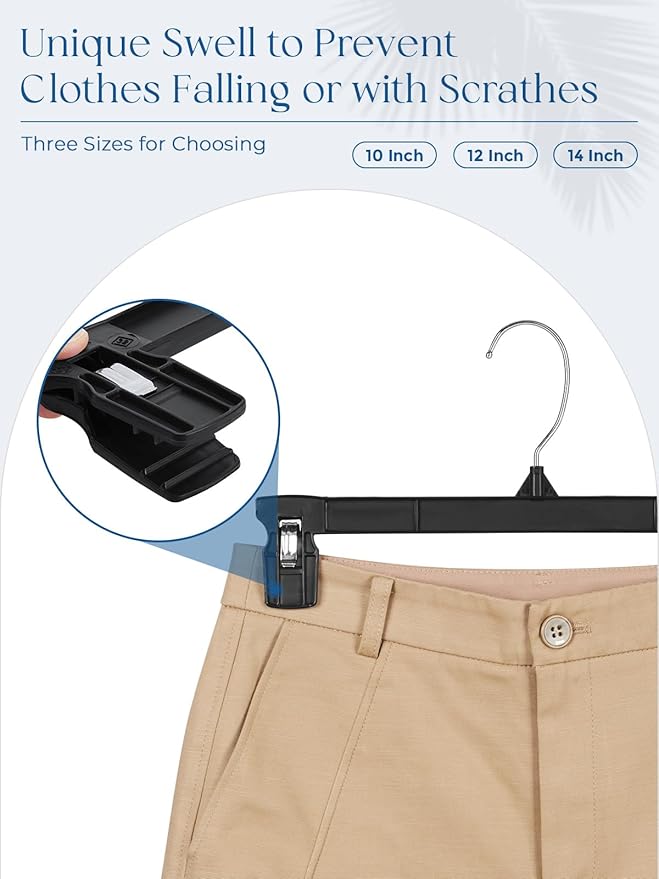 Smartor Space Saving Skirt Hangers - 150 Pack, Slim Plastic Pants and Shorts Hangers, Ridged Non-Slip with Pinch Clips, Black Clip Hanger for Women, 360-Rotating Chrome Swivel Hook, 12 Inches