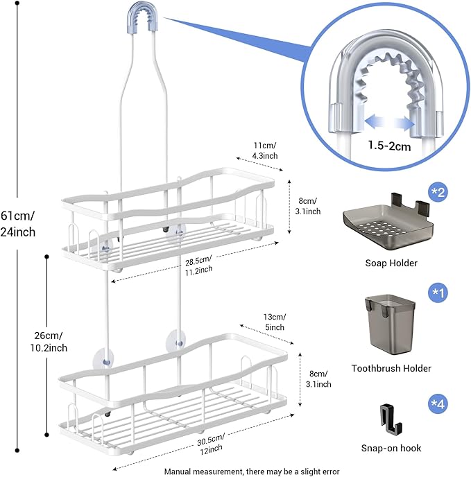 Hanging Shower Caddy Bathroom Organizer: Rustproof Shower Shelf Racks Over Shower Head - No Drilling Inside Bath Shower Rack Shelves Over Showerhead for Shampoo with Soap Holder White