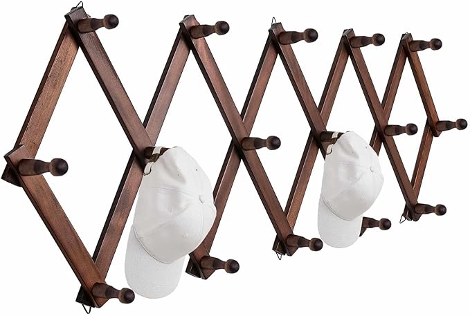 Hat Rack for Wall, Expandable Wall Hat Holder with 16 Hooks, 16 inch Wooden Wall Hook for Baseball Caps,Cowboy, Bag,Hoodie(Brown)