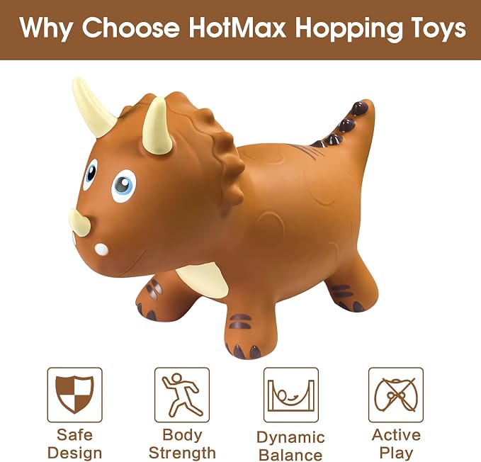 HotMax Dinosaur Bouncy Hopper Toys, Inflatable Ride on Bouncy Animals, Triceratops for Kids, Birthday Gift for 18 Months - 4 Year Old Boy or Girl (Brown)