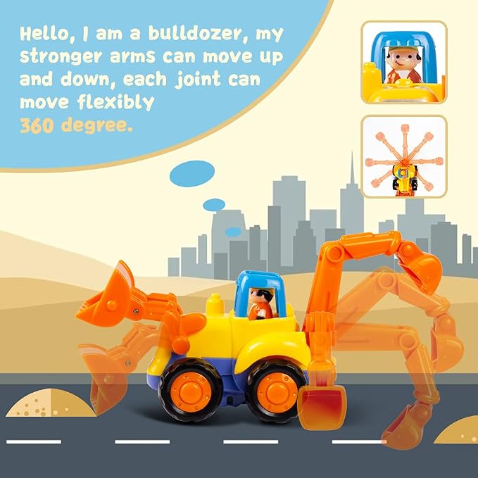 Woby Push and Go Friction Powered Car Toys Set Tractor Bulldozer Mixer Truck and Dumper for Baby Toddlers