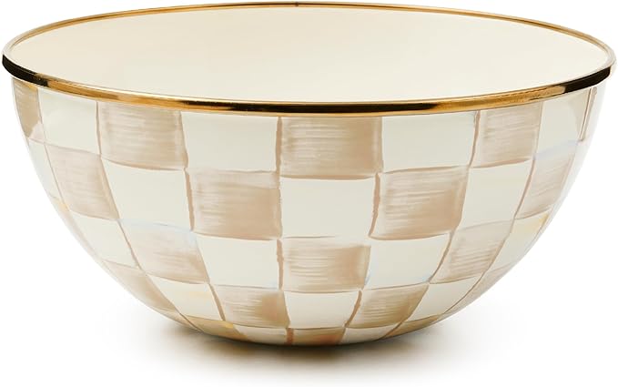 MACKENZIE-CHILDS Enamel Everyday Bowl, Serving Bowl for Entertaining, Small, Brown-and-White Mocha Check