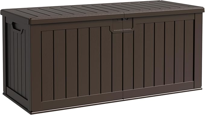 Flamaker Resin Deck Box 250 Gallon, Waterproof Imitation-Wood Lockable Storage Box with Separator Plate Outdoor Indoor, Garden, Patio Furniture for Tools&Pool Accessories (Deep Brown)