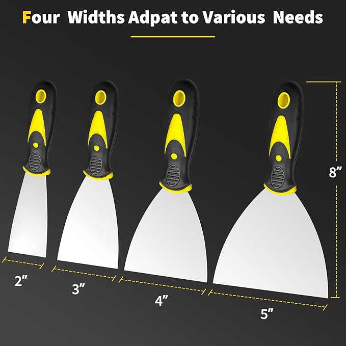 Putty Knife, 4Pcs Spackle Knife Set (2, 3, 4, 5 in), Stainless Steel Paint Scraper, Taping Knife Tool for Repairing Drywall, Removing Wallpaper, Applying Putty, Plaster, Cement, Adhesive