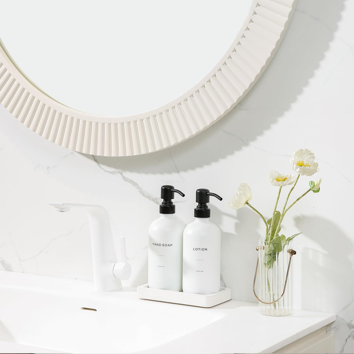 White Soap Dispenser Set, Contains Hand and Lotion Dispenser with Pump. Perfect for Guest Bathroom Decor. (White)