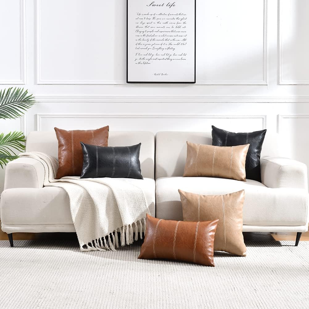 Fancy Homi Tan Decorative Throw Pillow Covers 20x20 Inch for Living Room Couch Bed, Modern Farmhouse Boho Home Decor, Waterproof Faux Leather Hand Stitched Beige Square Cushion Case 50x50 cm