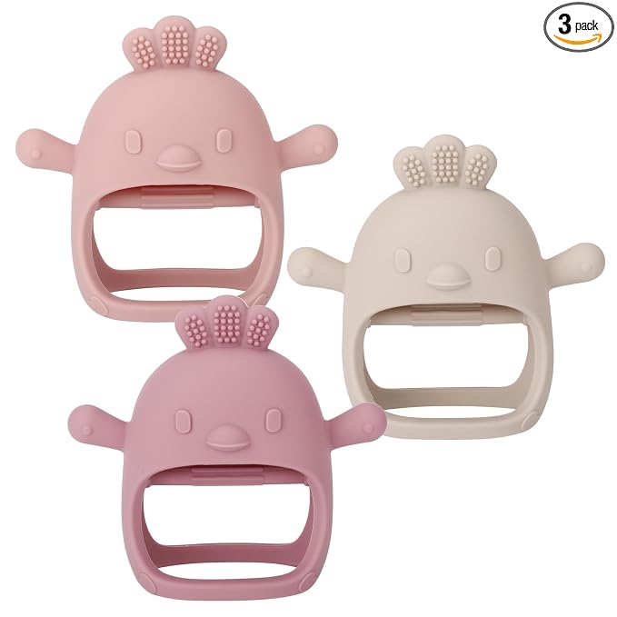 Socub 3 Pack Silicone Baby Teether Toys for Infants 3+ Months, BPA Free Anti-Drop Silicone Mitten Teething Toy for Soothing Sore Gums, Baby Chew Toys for Sucking Needs, Rose Pink,Dark Pink,Beige