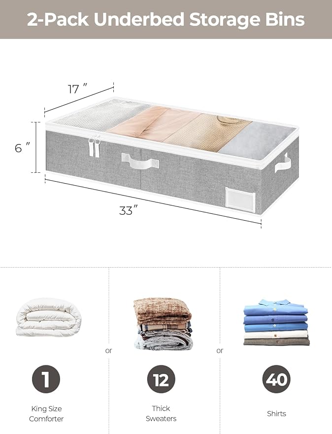 StorageWorks Large Under Bed Storage Containers with Handles and Label Holder, 2 Pack Ultra-thick Fabric Underbed Bins, Closet Organizer for Clothes, Blankets, Sweater
