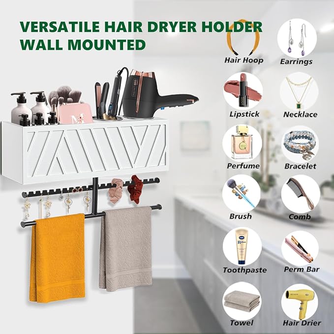 Rustic Hair Dryer Holder Wall Mounted,Hair Styling Tools & Accessories Organizer,Bathroom Supplies & hot Tools vanities Organizer Caddy,for Storage Flat Iron,Blow Dryer,Curling Iron,Towel