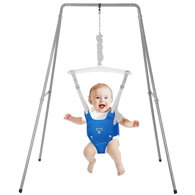 Baby Jumper with Stand, Baby Jumpers and Bouncers, Baby Exerciser Suitable for 6-24 Months, Easy to Assemble & Store Jumper for Baby (Blue)