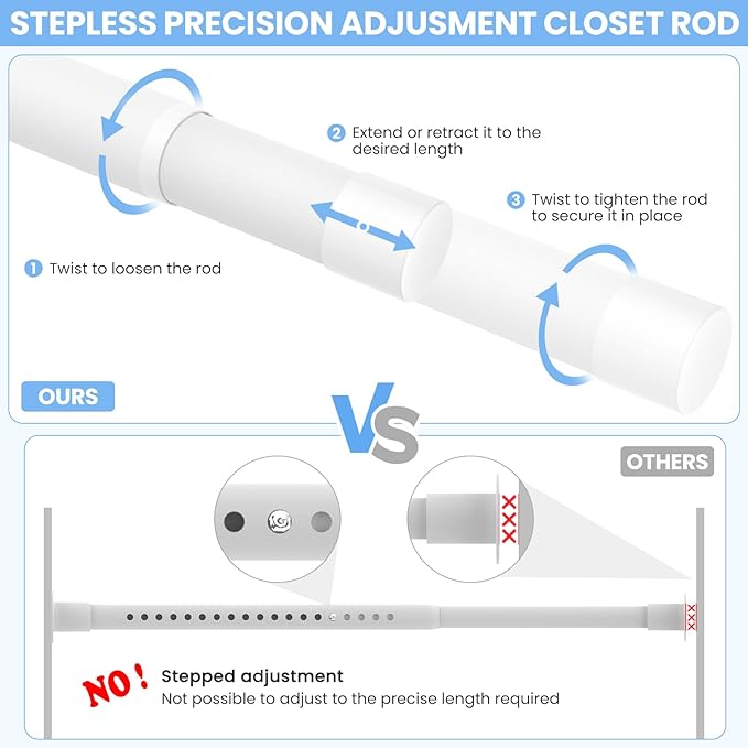 3 Pack Closet Rods for Hanging Clothes, 17 to 39 Inch Heavy Duty Stepless Adjustable Closet Hanging Rod, 1.3 Inch Diameter Metal Closet Rod for Wardrobes Laundry Bedroom RV, White