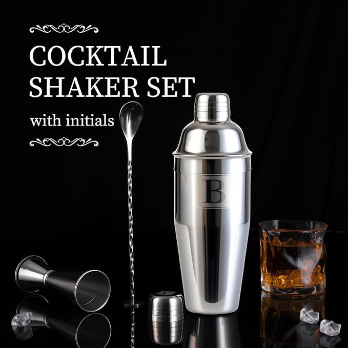 24oz Cocktail Shaker Set with Minimun 1/8oz Scale 1 oz 2oz Jigger - Monogramm Initials Martini Shaker Set - 304 Stainless Steel Bar Shaker - Personalized Gift for Friend,Husband-Blank