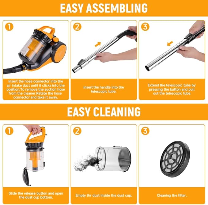 Hoteche 800W Canister Vacuum – 2.5L Powerful & Quiet Cleaner for Hard Floors, Carpets & Pet Hair