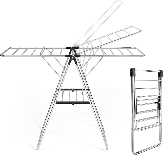 APEXCHASER Clothes Drying Rack, Drying Rack Clothing with Height-Adjustable, Foldable Gullwings Laundry Rack, Indoor Outdoor Use, No Assembly,Black