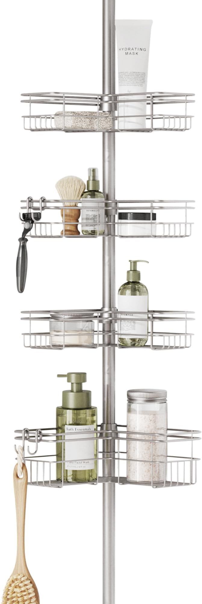 Zenna Home Tension Pole Shower Caddy Corner Organizer, Adjustable Standing Shower Caddy with 4 L-shaped Baskets and Hooks, Rust Resistant Bathroom Tension Rod Organizer, 60 to 97 Inch, Satin Nickel