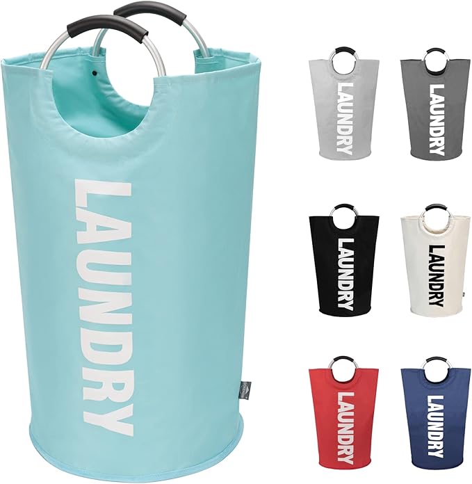 DOKEHOM 90L Large Laundry Basket, Collapsible Laundry Bag, Freestanding Tall Clothes Hamper, Foldable Washing Bin (Light Blue)