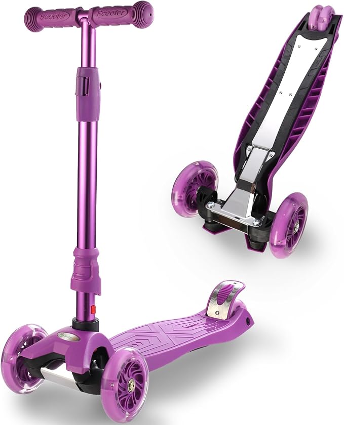 3 Wheel Scooter for Kids Ages 6-12,Kids Scooter with Light Up Wheels, Sturdy Deck Design, and 4 Height Adjustable Suitable for Kid Ages 3-12