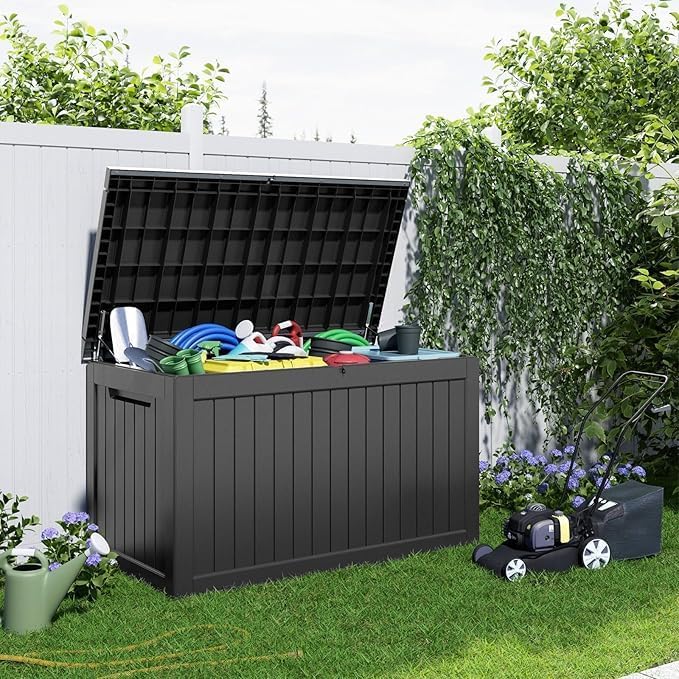 281 Gallon Outdoor Deck Box,Waterproof Resin Outdoor Storage Boxes, Outside Storage Lockable Container for Garden Tools,Indooor Cushions,Accessories (Black)