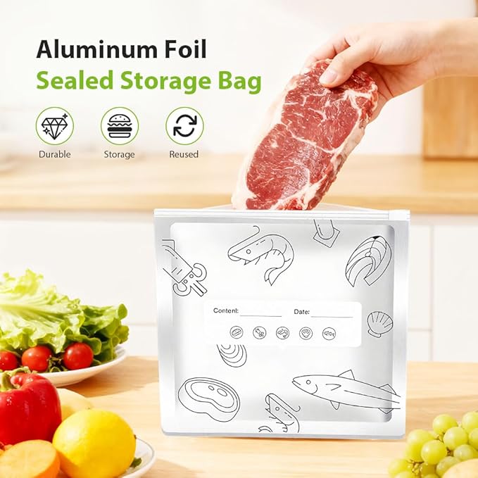 Reusable Aluminum Foil Sealable Storage Bags, 2026 New Resealable Vacuum Zipper Pouches, Stand Up Foil Sealable Bags with Label and Zip Lock for Kitchen (30, Small)