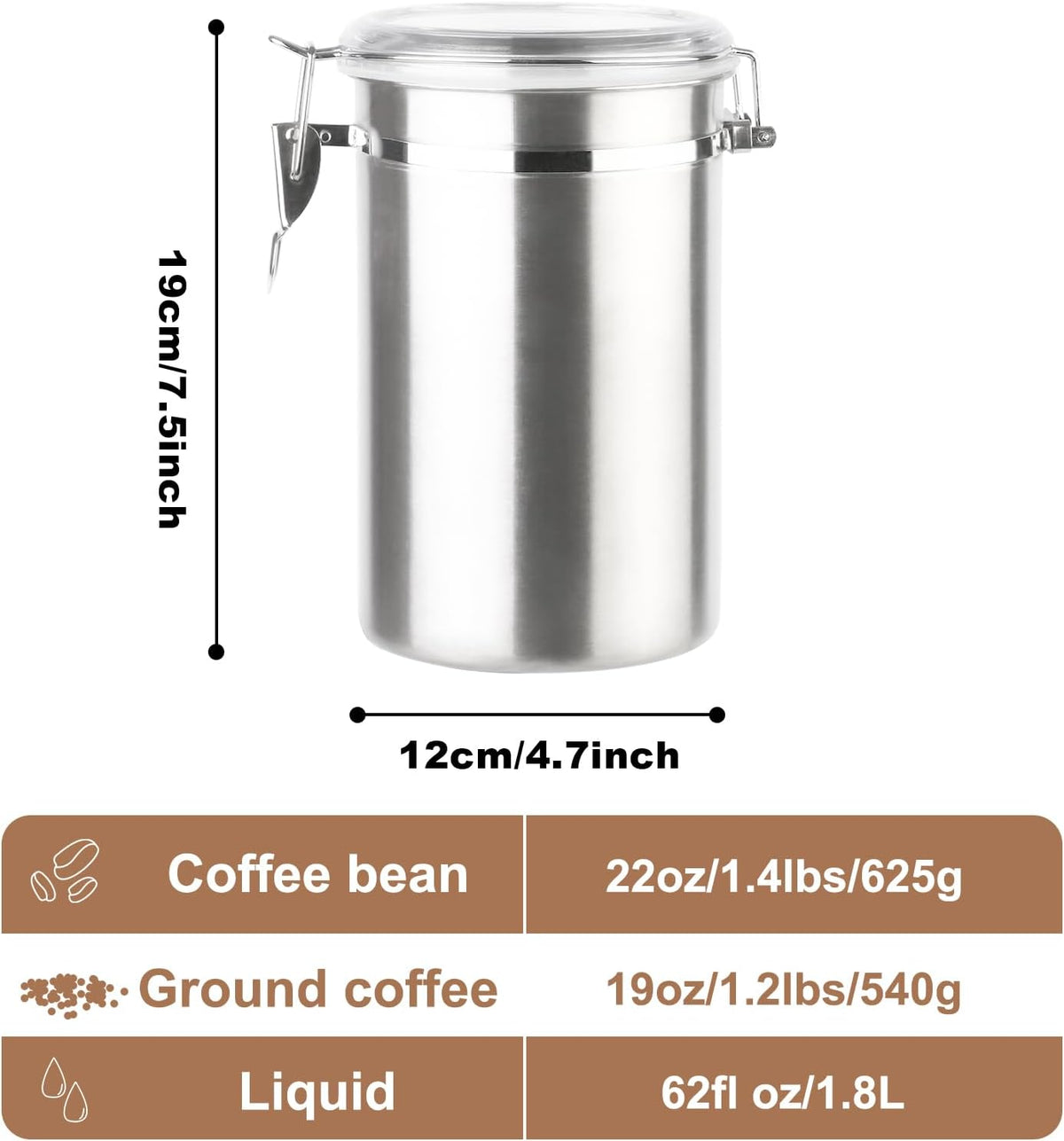 Coffee Canister 4 Pcs Stainless Steel Food Container with Clear Lids Airtight Container Stackable Canisters Kitchen Pantry Storage for Cereal, Snacks, Candy, Herbs, Spices, Sugar, Tea (1.8L Silver-4)