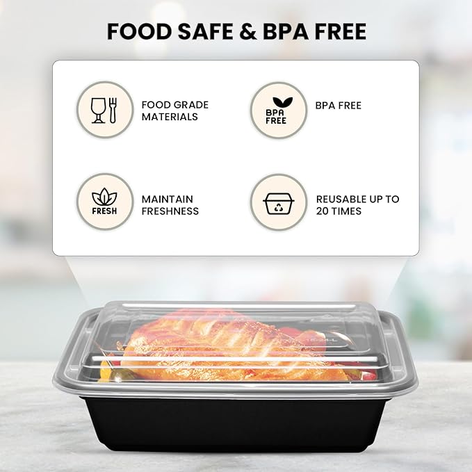 Klex 16 Oz, 50 Sets Meal Prep Containers with Airtight Lids, BPA Free, Reusable Plastic Food Container, 16 oz, Rectangular, Black/Clear, 50 Sets