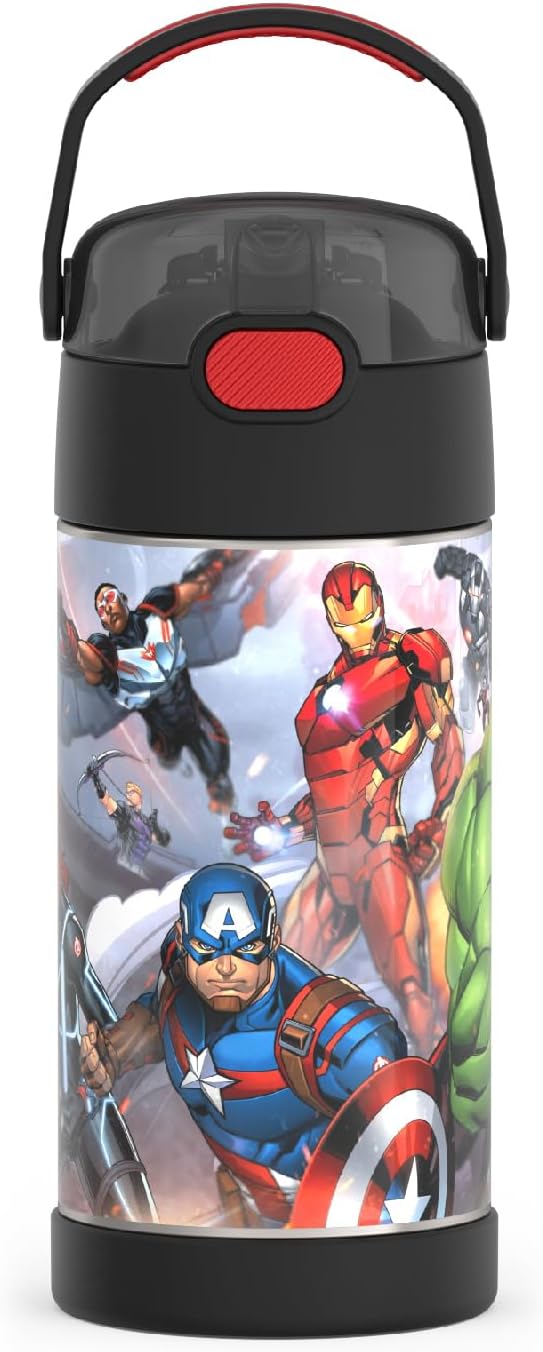THERMOS FUNTAINER Water Bottle with Straw - 12 Ounce - Kids Stainless Steel Vacuum Insulated Water Bottle with Lid, Avengers