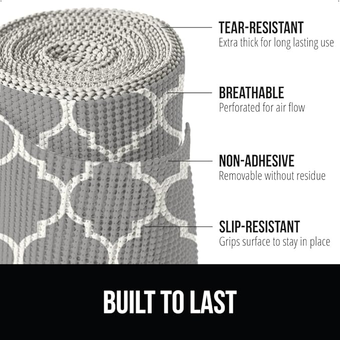 GORILLA GRIP powerGRIP Drawer Shelf and Cabinet Liner, Thick Strong Hold, Non-Adhesive Liners Protect Kitchen Cabinets and Cupboard, Bathroom Drawers, Easy Install, Breathable Mat, 12" x30' Quatrefoil