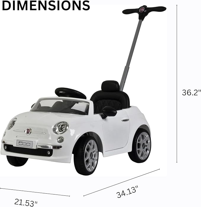 Best Ride On Cars Fiat 500 Push Car, with Stroller, Adjustable Footrest and Handle, Horn, Music, Stable Wheels, For Kids Aged 2-3 Years, 37 x 19 x 12 inches, Large, White