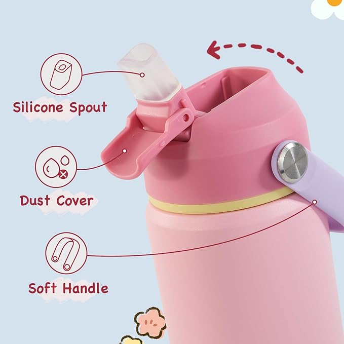 Kerilyn 12oz Insulated Water Bottle, Stainless Steel Insulated Kids Water Bottle, Toddler Cup with Straws Leak-Proof, Kids Water Bottles for School Boys Girls, BPA Free, Charm Pink