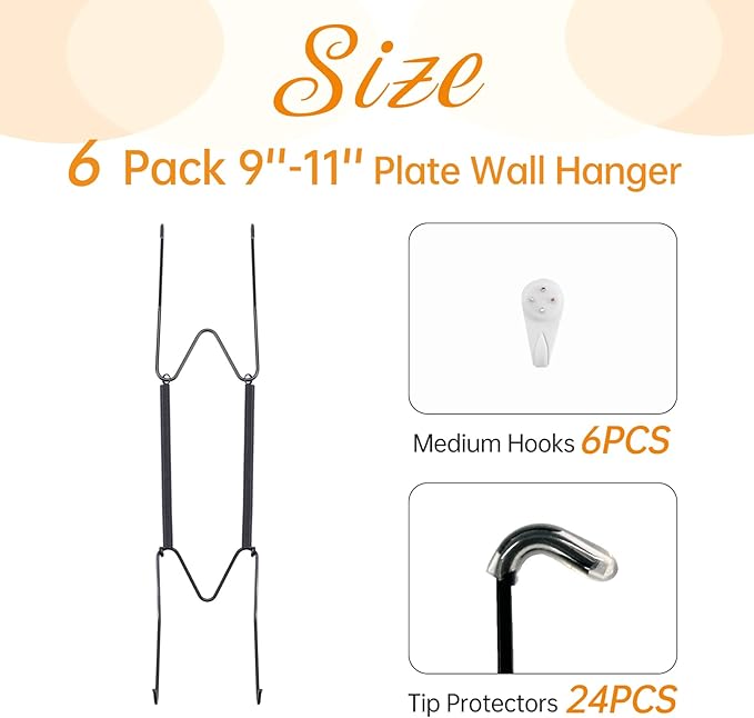 Bilillo 6 Pack Plate Hangers for The Wall, Suitable for 9-11 Inch Decorative Plate,Invisible Heavy Duty Wire Plate Holder with Wall Hooks, Plate Hangers for Displaying Plates, Platter, Dish (Black)