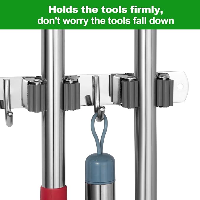 voze 3 Racks and 4 Hooks Mop and Broom Holder Wall Mount, Self Adhesive Heavy Duty Broom Organizer Storage Tool Racks for Kitchen Garden Laundry Garage
