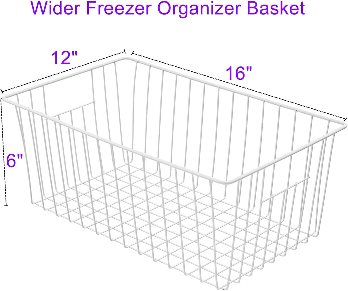 16Lx12Wx6H inch Wider Freezer Organizer Baskets Container, Refrigerator Metal Wire Storage Bins with Handles for Kitchen, Pantry, Cabinet, Closets - Pearl White(3 Packs)
