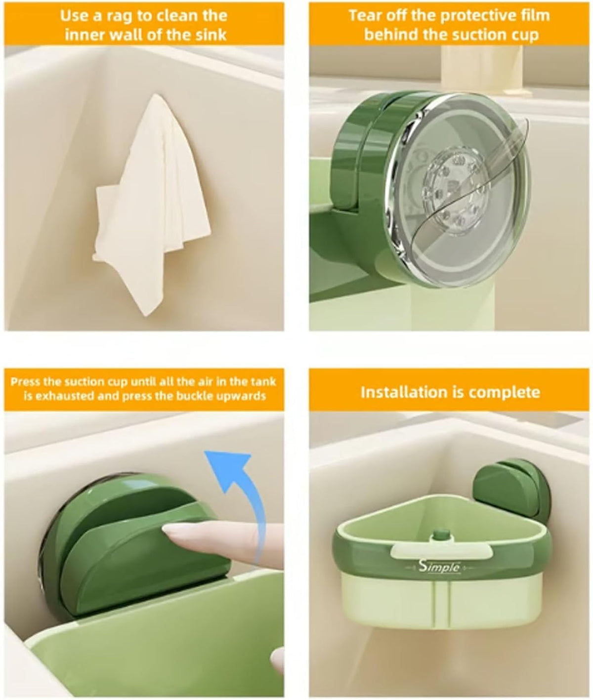 Suction Cup Sink Corner Rack, Curetoaway Corner Sink Strainer, Sink Trash Catcher, Plastic Triangular Baskets Corner Hanging, Rust Resistant, for Kitchen Food Waste (Yellow+Green)
