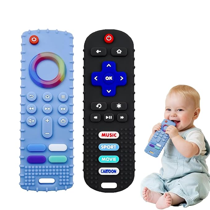 2-Pack Baby Teething Toys-TV Remote Control Shape Silicone Infants Teething Toys for Babies 0-18 Months,BPA-Free (Black+Blue)