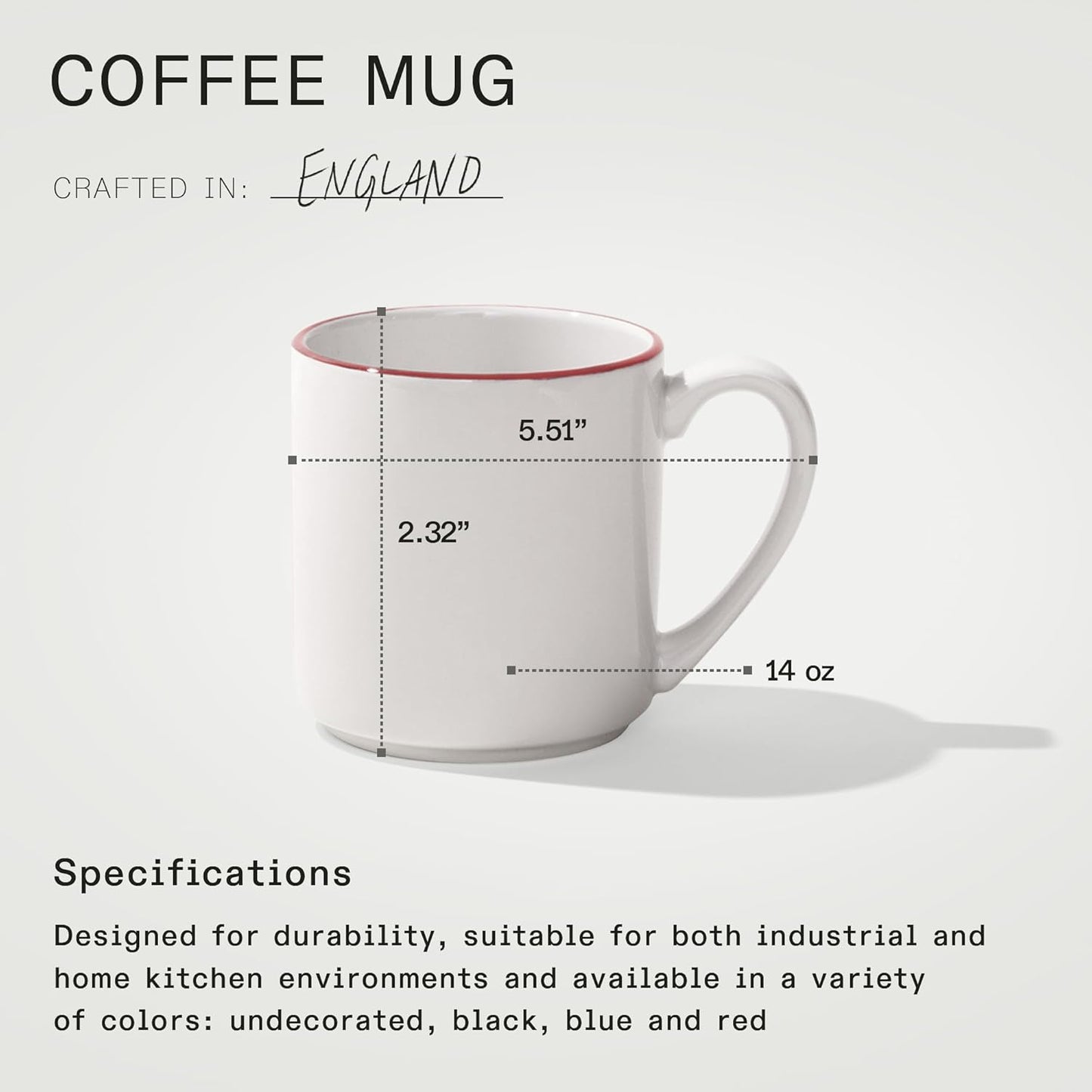 Made In Cookware - Set of 4 - Coffee Mug Set - 12 oz - White With Red Rim - Porcelain England - Dishwasher and Microwave Safe