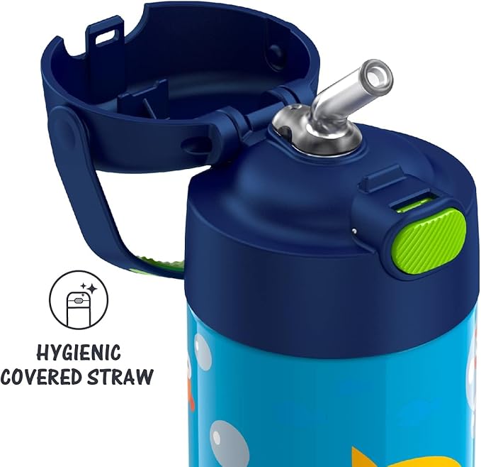 THERMOS FUNTAINER Water Bottle with Straw - 12 Ounce - Kids Stainless Steel Vacuum Insulated Water Bottle with Lid, Baby Shark