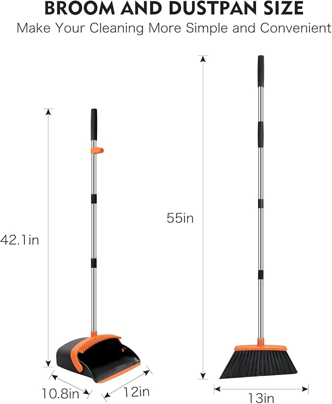 Broom and Dustpan Set, 55-in Long Adjustable Handle Broom with Dustpan Combo Set with Dustpans Teeth to Automatically Clean Hair Suitable for Home Kitchen Office Hall Lobby, Large(Black&Orange)