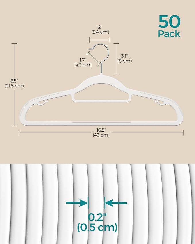 SONGMICS Pack of 50 Coat Hangers, Space-Saving Plastic Clothes Hangers, Non-Slip, 0.2 Inches Slim, 16.5 Inches Wide, 360° Swivel Silver Hook, White UCRP20WT50