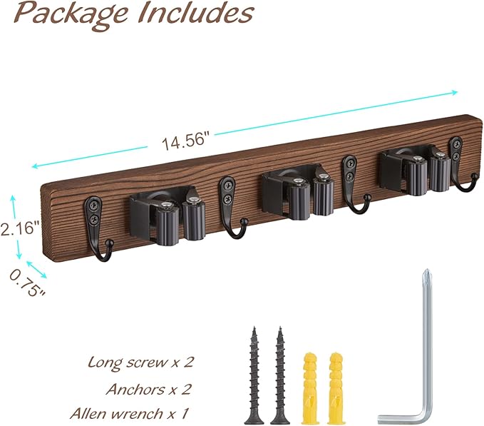 2 Pack Mop Broom Holder Wall Mount with 3 Slots & 4 Hooks - Rustic Wood Broom Mop Hanger for Pantry Kitchen Organization - Garden Tool Organizer for Closet Laundry Room