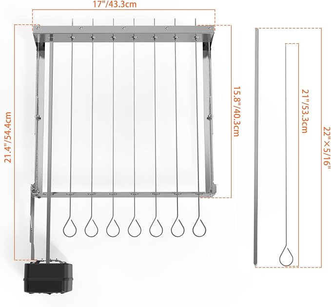 only fire Stainless Steel Electric Skewer Turner, Rotated Grilling Rack Shish Kabob Set with 7 Skewers and Dual-Purpose Rotisserie Motor