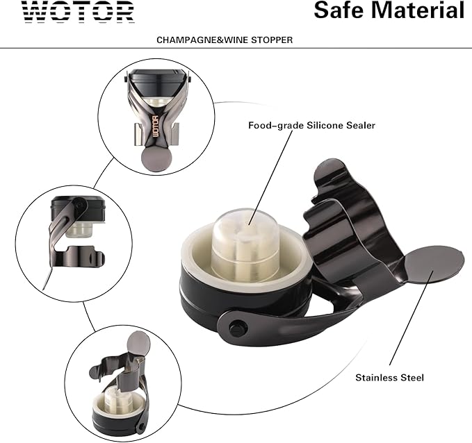 WOTOR Champagne&Wine Bottle Stoppers Stainless Steel with Food Grade Silicone, Leak Proof Keep Fresh Reusable Saver, Cork Suitable for Wine, Champagne, Cava, Prosecco and Sparkling (2 Pack Black）