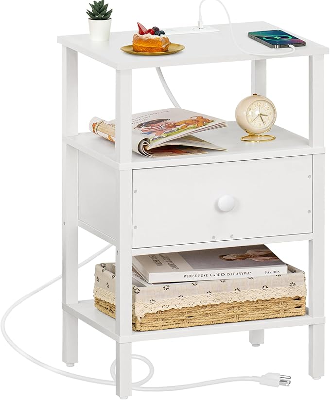 Lerliuo Nightstand with Charging Station and USB Ports, 3-Tier Storage End Table with Drawer Shelf, Night Stand for Small Spaces, Wood Bedside Table for Living Room, Bedroom - Elegant White